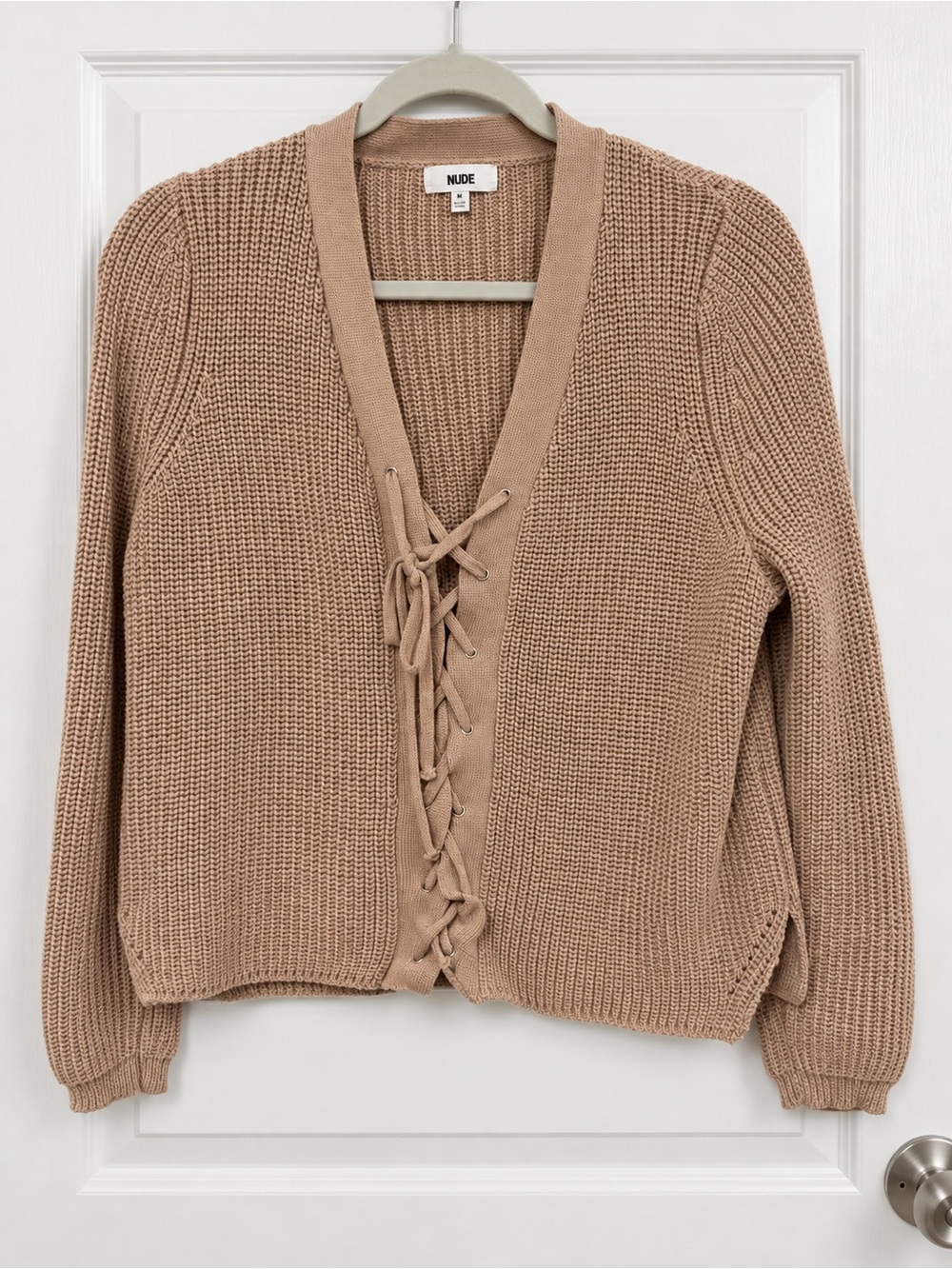 NUDE Beige Lace Up Chunky Knit Cardigan Size M Boho Cottagecore V-Neck